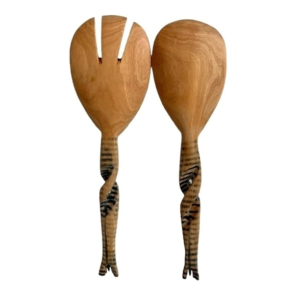 Set of 2 Salad Serving Hands Zebra Hand Carved Wooden Salad Set Salad Grabbers - Picture 5 of 5